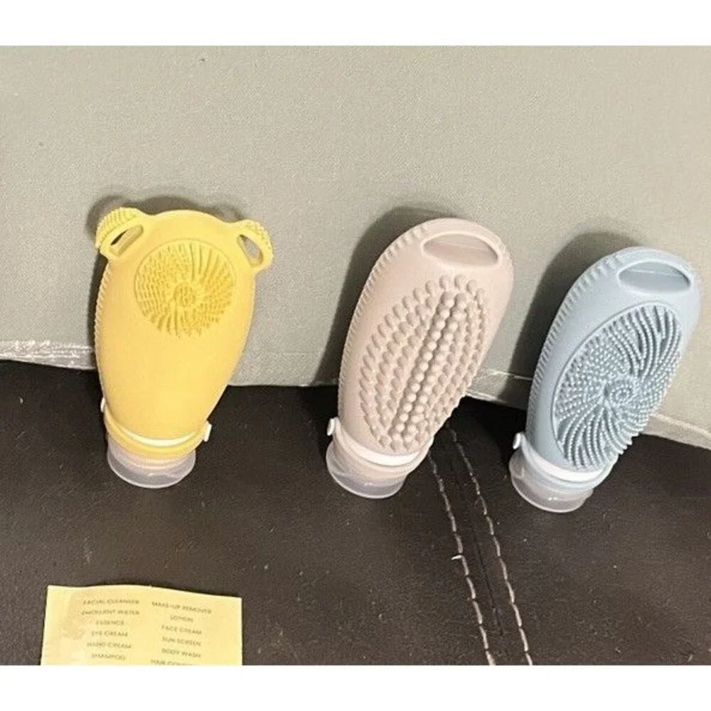 3Pc Silicone TSA Approved Leak Proof Travel Toiletry Bottles With Built In Brush